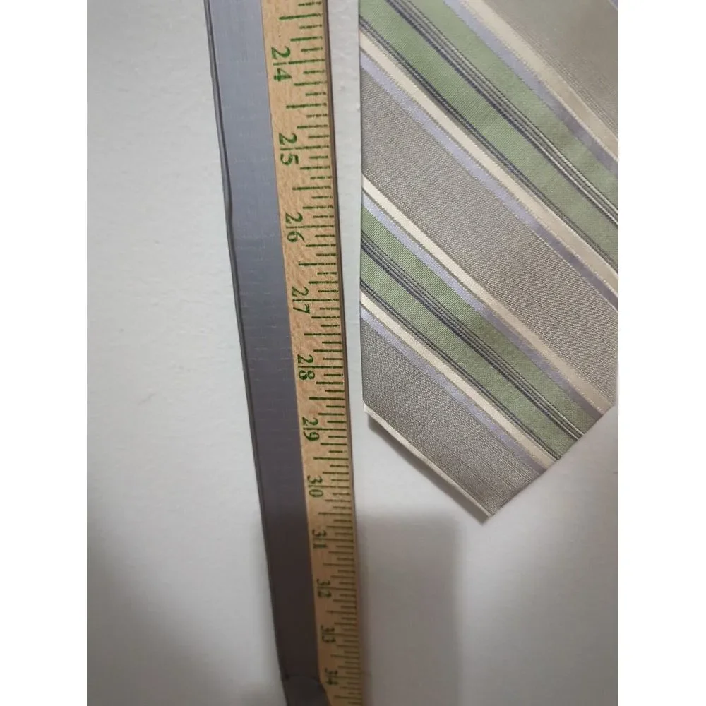 Calvin Klein‎ Mens Silk Necktie Green Silver White Diagonal Striped RN 121148